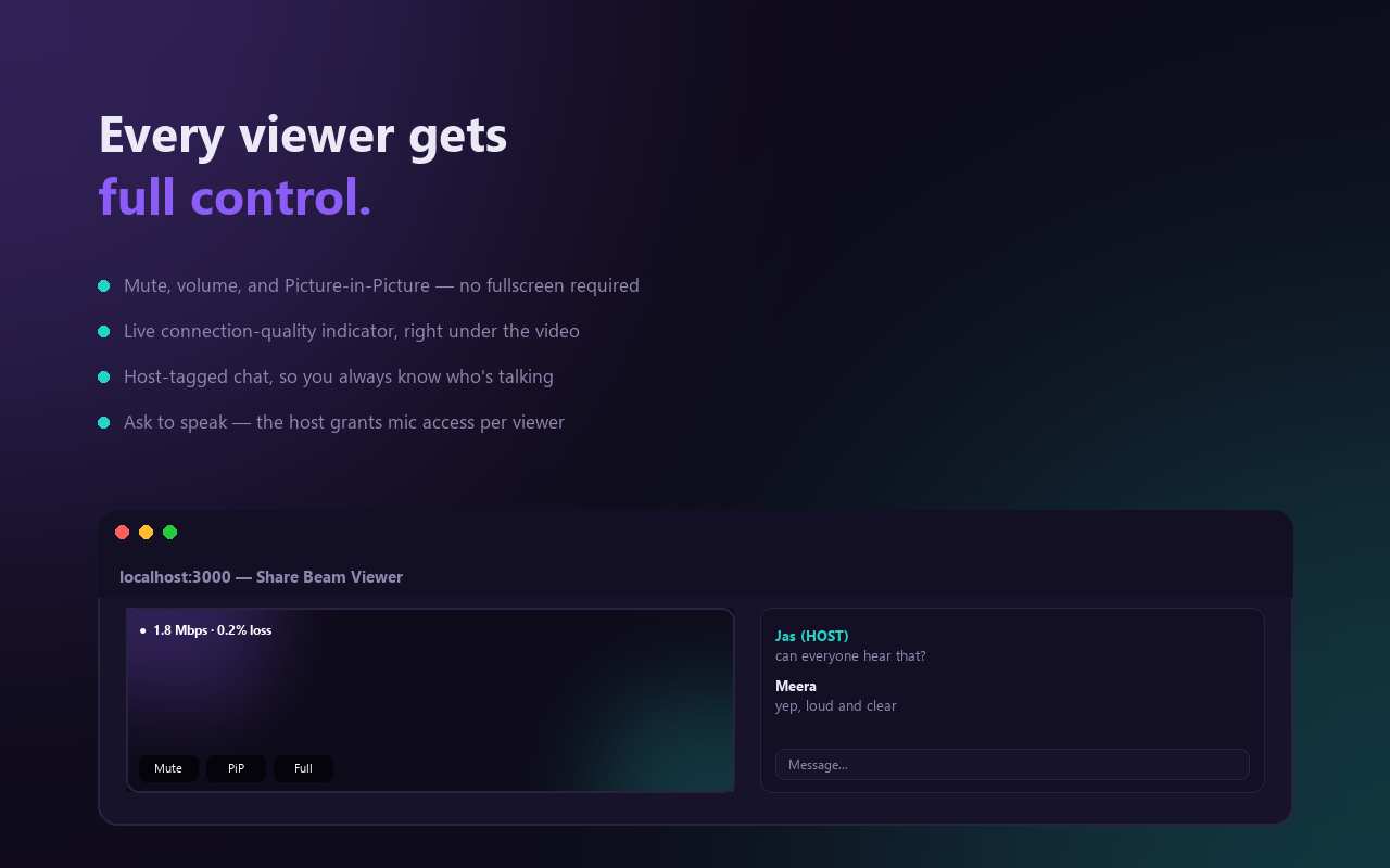 Viewer page showing mute, Picture-in-Picture, and fullscreen controls plus a host-tagged chat